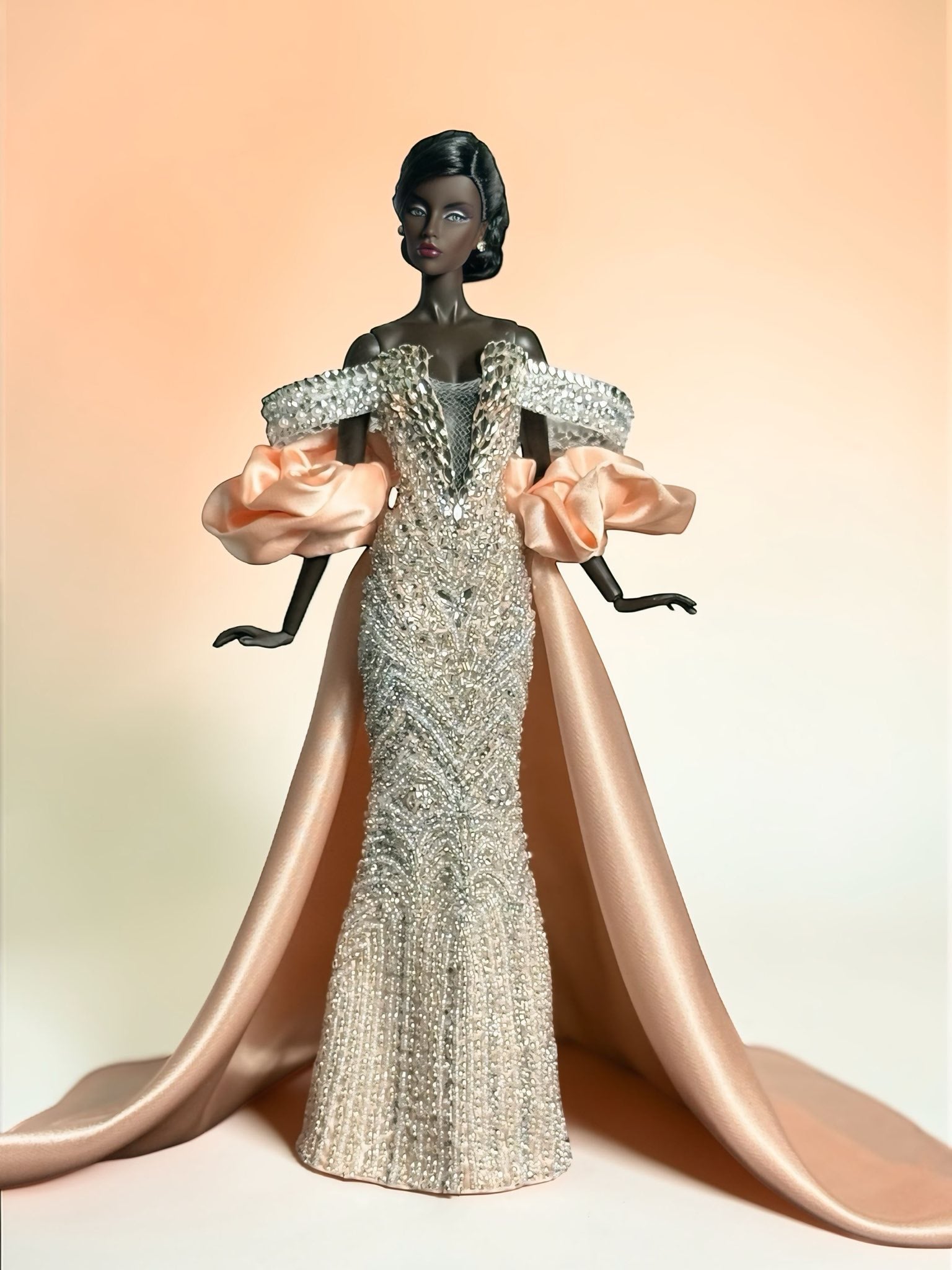 HAUTE | Luxury Crystal Couture Gown for 1/6 Fashion Dolls – Hand-Embellished Beaded Dress with Satin Train – High-End Collector Piece