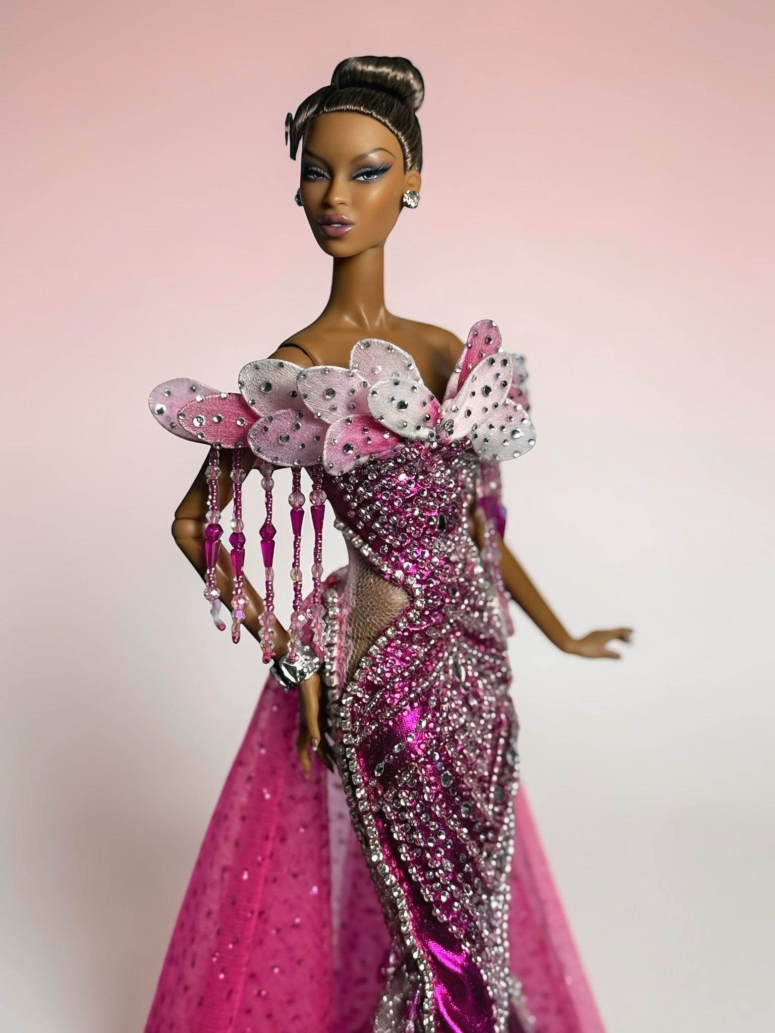 HAUTE | A Bright Day Opulence Gown – Multi Pink Beaded Mermaid Dress for 1/6 Scale Dolls | OOAK Couture |