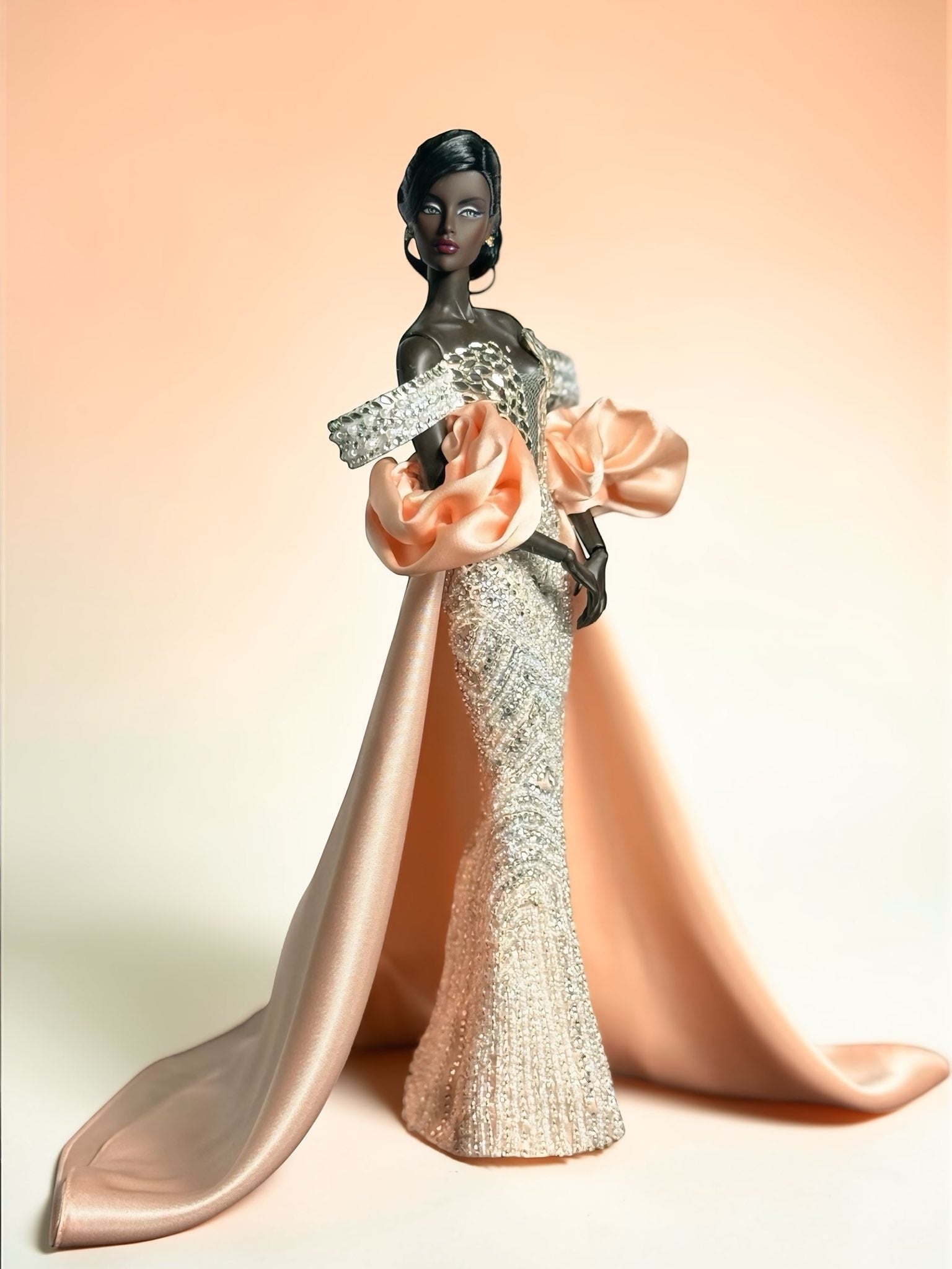 HAUTE | Luxury Crystal Couture Gown for 1/6 Fashion Dolls – Hand-Embellished Beaded Dress with Satin Train – High-End Collector Piece