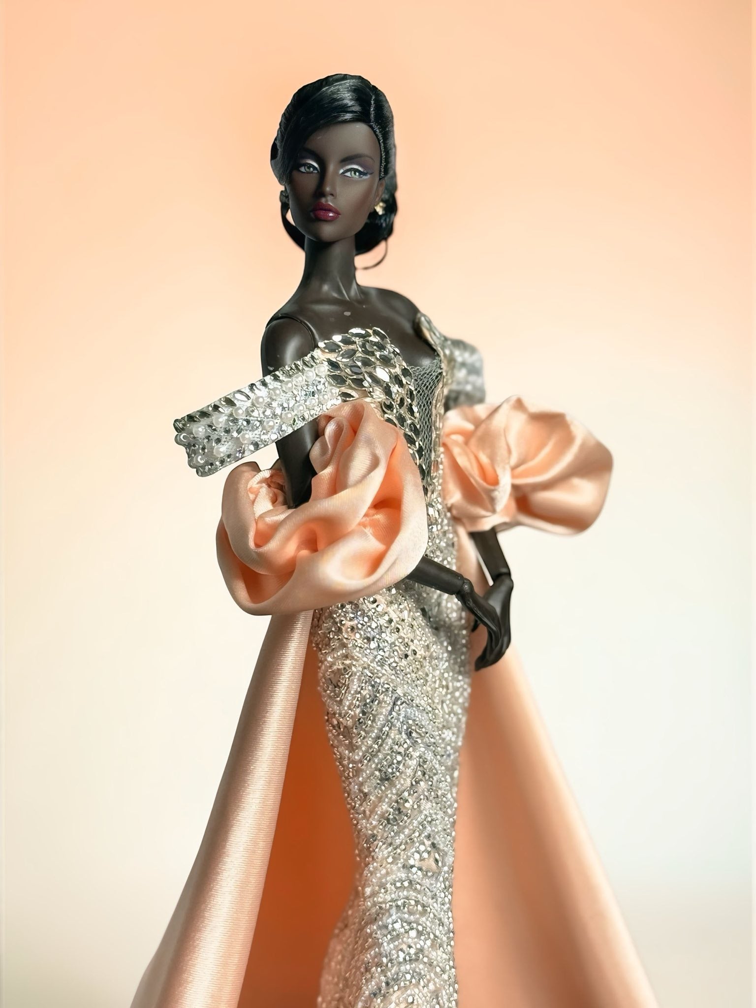 HAUTE | Luxury Crystal Couture Gown for 1/6 Fashion Dolls – Hand-Embellished Beaded Dress with Satin Train – High-End Collector Piece