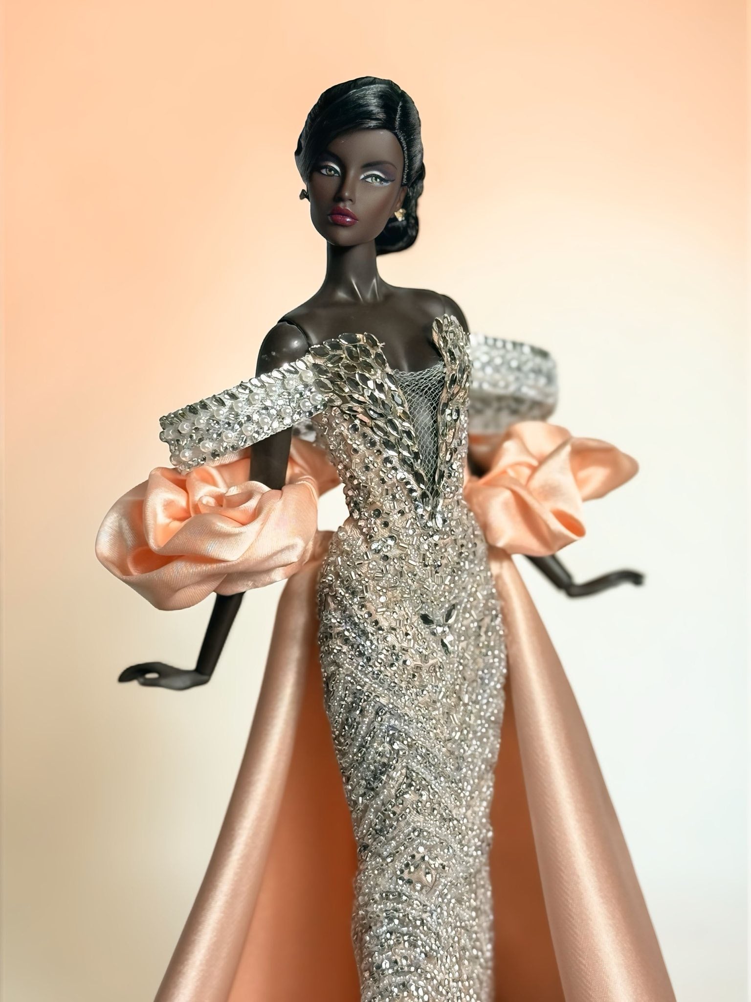 HAUTE | Luxury Crystal Couture Gown for 1/6 Fashion Dolls – Hand-Embellished Beaded Dress with Satin Train – High-End Collector Piece