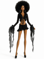 BASIC | Black Ruffle Tie Front Crop Top & Ruched Mini Skirt Set for 1/6 Scale Fashion Dolls | Handmade Couture | Plastiktiara