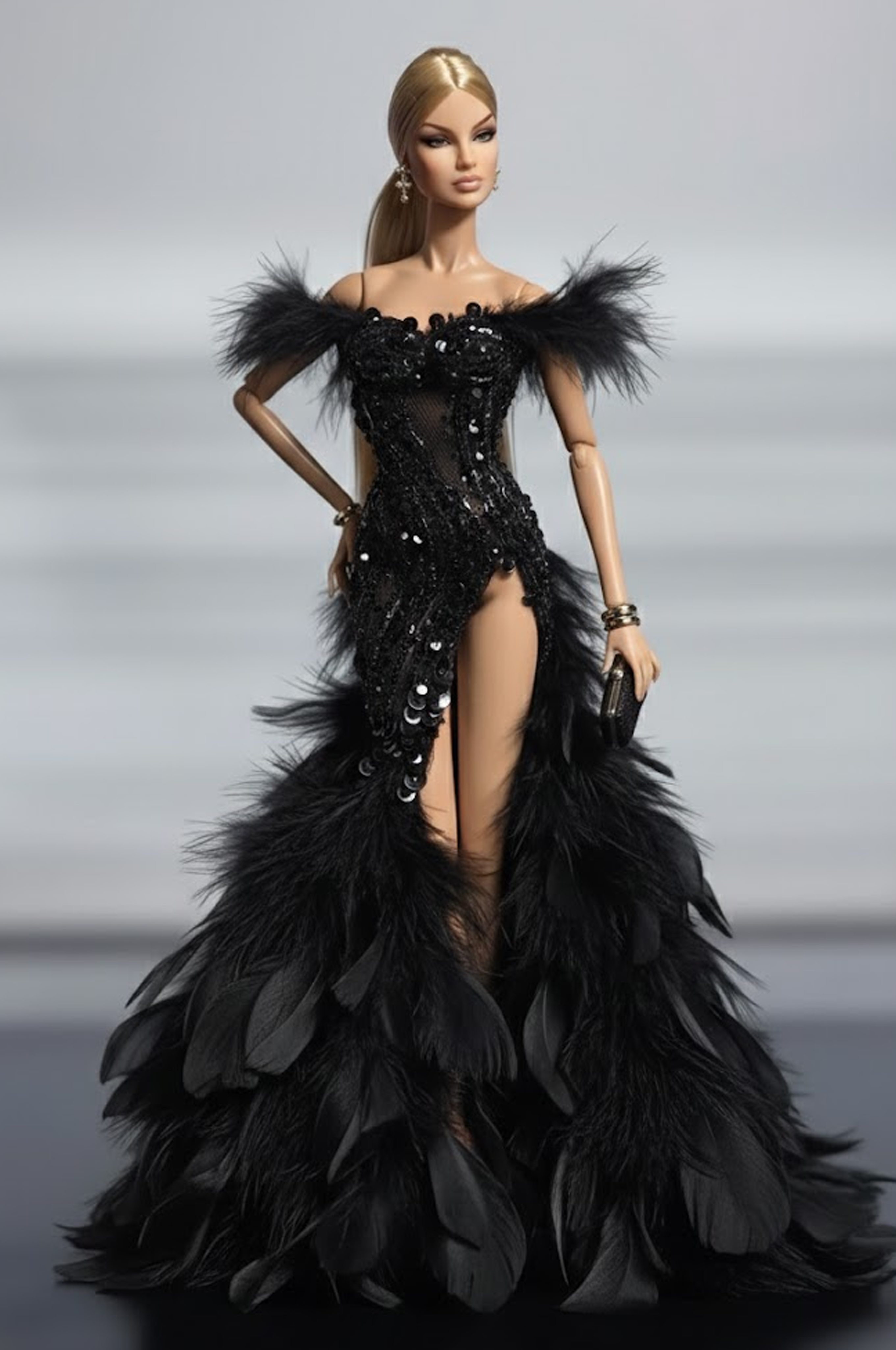 HAUTE | Midnight Plume – Couture Black Feather Gown for 1/6 Scale High Fashion Doll Clothes