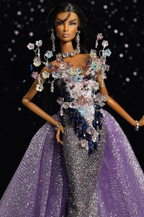 OOAK  | OOAK Fashion Doll Evening Gown - Handmade Couture Purple Glitter Mermaid Dress with Crystal Floral Overlay for Fashion Royalty Doll | Plastiktiara