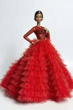 HAUTE | Red Couture Ruffle Ball Gown for Fashion Royalty Doll – Glitter Tulle Evening Dress for 1/6 Scale doll & Integrity Toys Dolls
