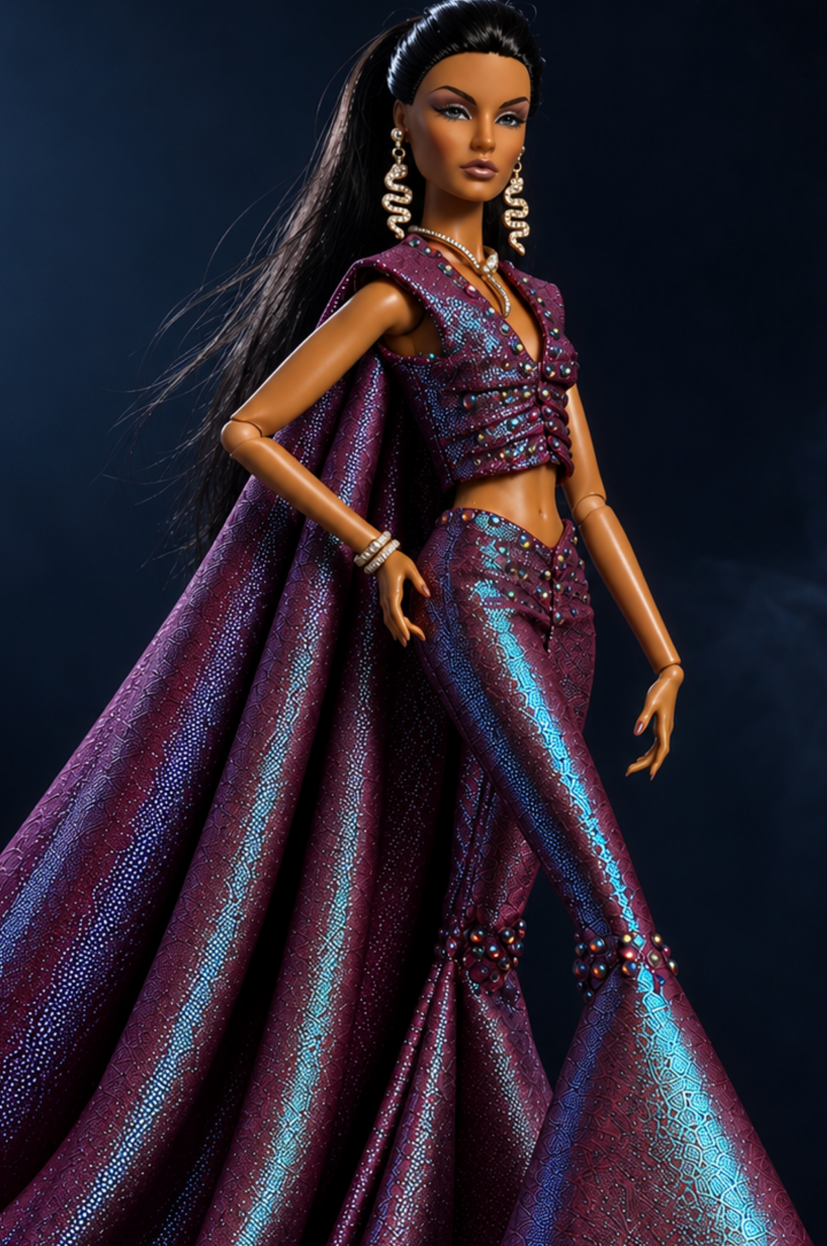 MIDNIGHT TALES | MIDNIGHT MIRAGE — Iridescent Plum Cape Top & Flared Trousers | 1:6 Fashion Doll Outfit | Plastiktiara
