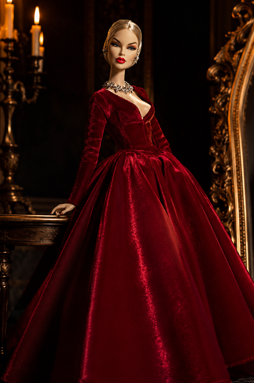 BASIC | Handmade Red Velvet Ball Gown for 1/6 Scale Fashion Dolls – Elegant Evening Dress – Classic Couture – Fits Fashion Royalty, Poppy Parker & Similar Dolls | Plastiktiara