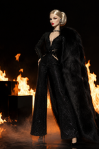 HAUTE | Black Inferno Jumpsuit with Fur Cape for Fashion Royalty Dolls 12 Inch - Handmade Doll Clothes - Integrity Toys FR6.0 - OOAK High Fashion Editorial Outfit