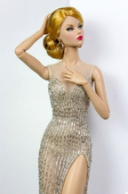 HAUTE | Golden Illusion Beaded Gown for Fashion Royalty 6.0 Doll | Sheer Evening Dress with High Slit | Handmade Couture Doll Clothes by Plastiktiara