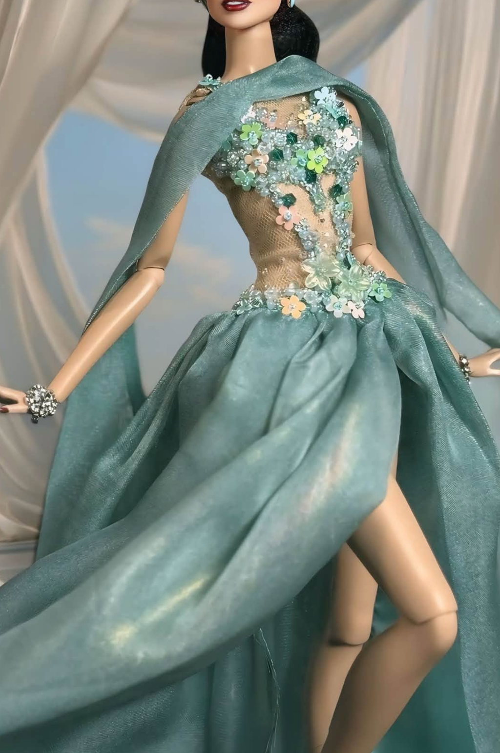 EDEN CHOICE | Seafoam Garden Floral Illusion Gown for 1/6 Scale Fashion Doll | Plastiktiara