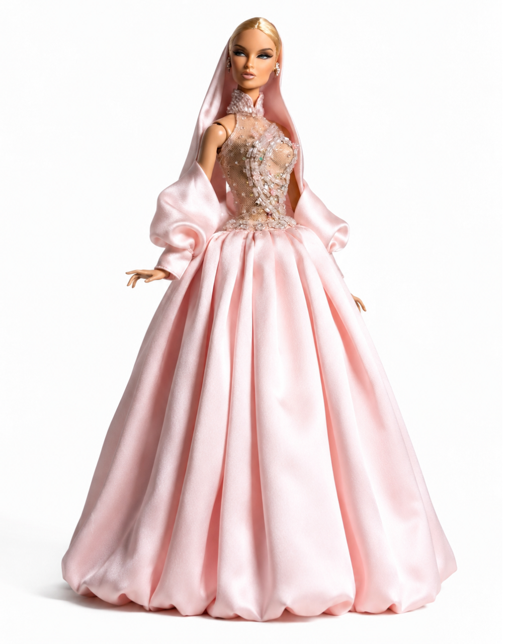 DELUXE | Pink Beaded Couture Ball Gown with Hood | Handmade Fashion Royalty Doll Clothes | 1/6 Scale Couture Dress | Plastiktiara