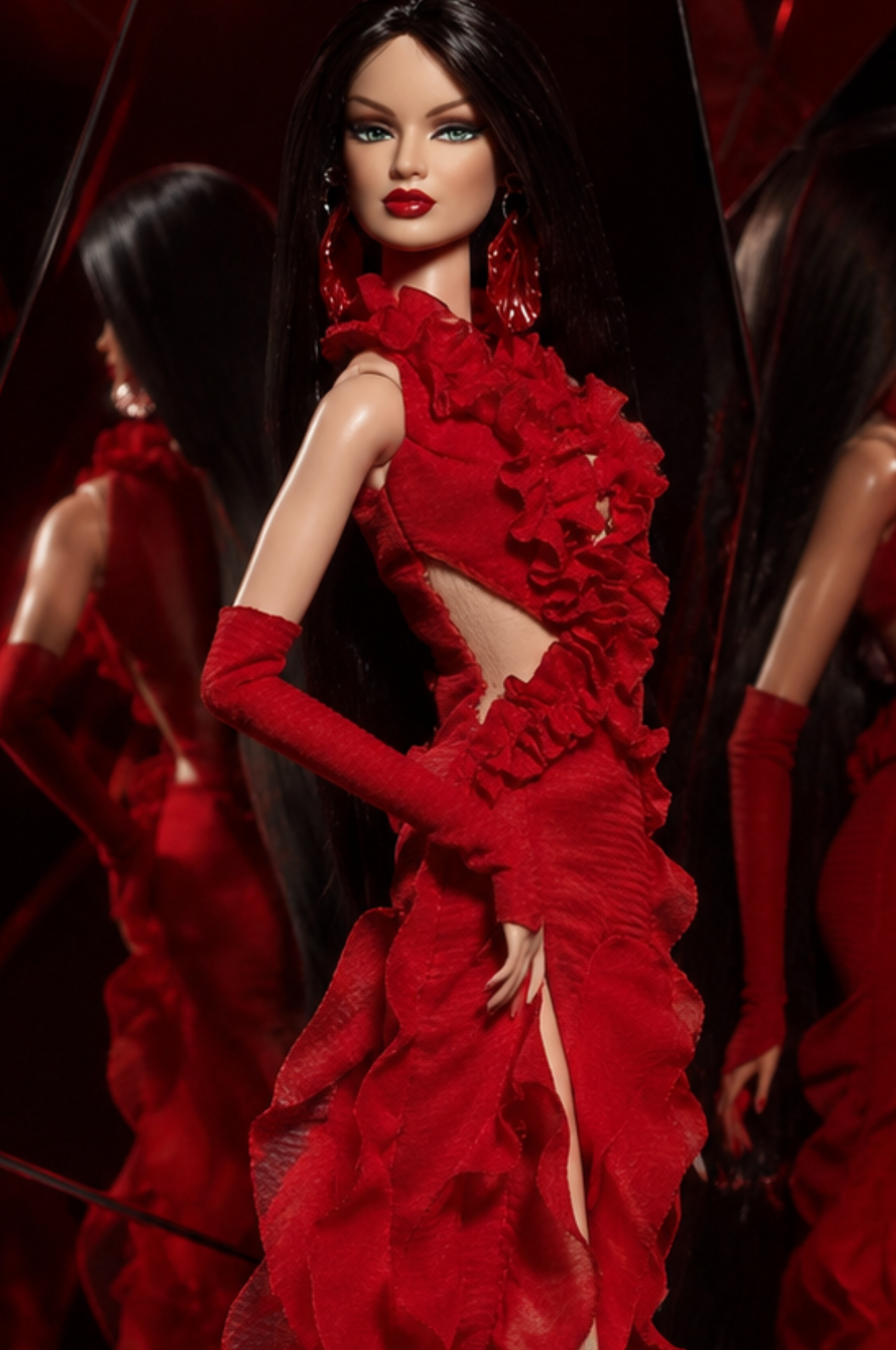 BASIC | BASIC Red Ruffle Evening Gown for 1-6 Fashion Royalty Dolls Handmade Couture Dress with Gloves Doll Clothes | Plastiktiara
