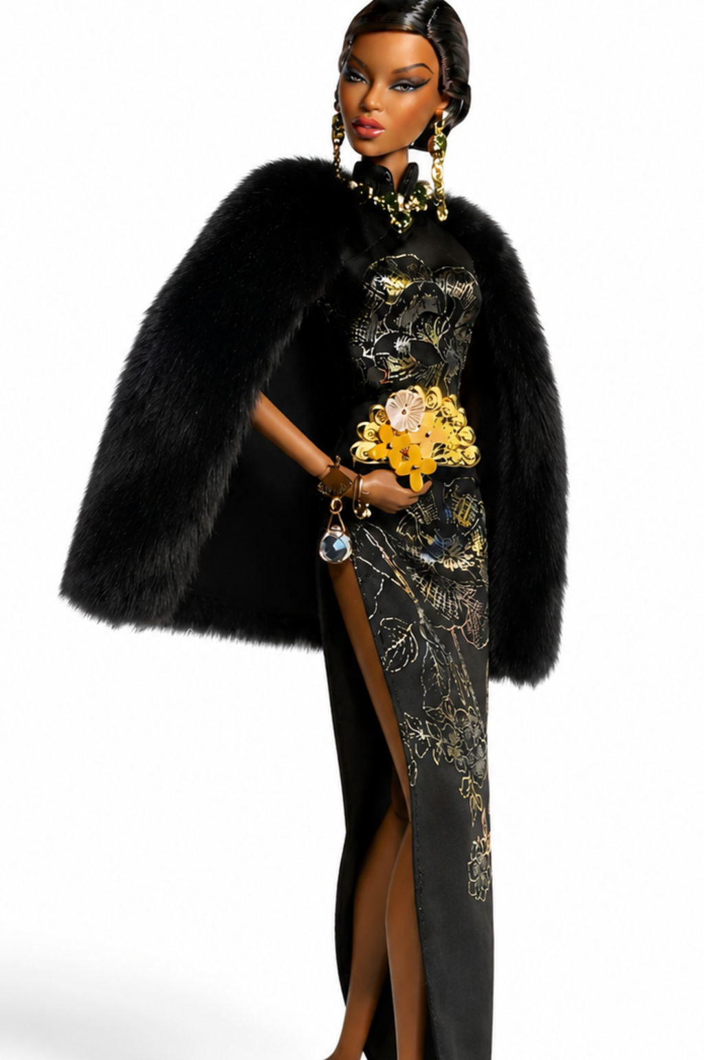QIPAO | Black Shanghai Moon - Handmade 1/6 Scale Couture Qipao with Faux Fur Cape - Luxury Fashion Doll Outfit - Fits Fashion Royalty Size Dolls