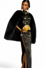 QIPAO | Black Shanghai Moon - Handmade 1/6 Scale Couture Qipao with Faux Fur Cape - Luxury Fashion Doll Outfit - Fits Fashion Royalty Size Dolls