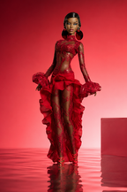 PRIDE | Crimson Siren Sheer Lace Gown for Fashion Royalty Doll – Red Ruffle Evening Dress – 1/6 Scale Doll Clothes – Fits FR6.0 Nu Face Poppy Parker