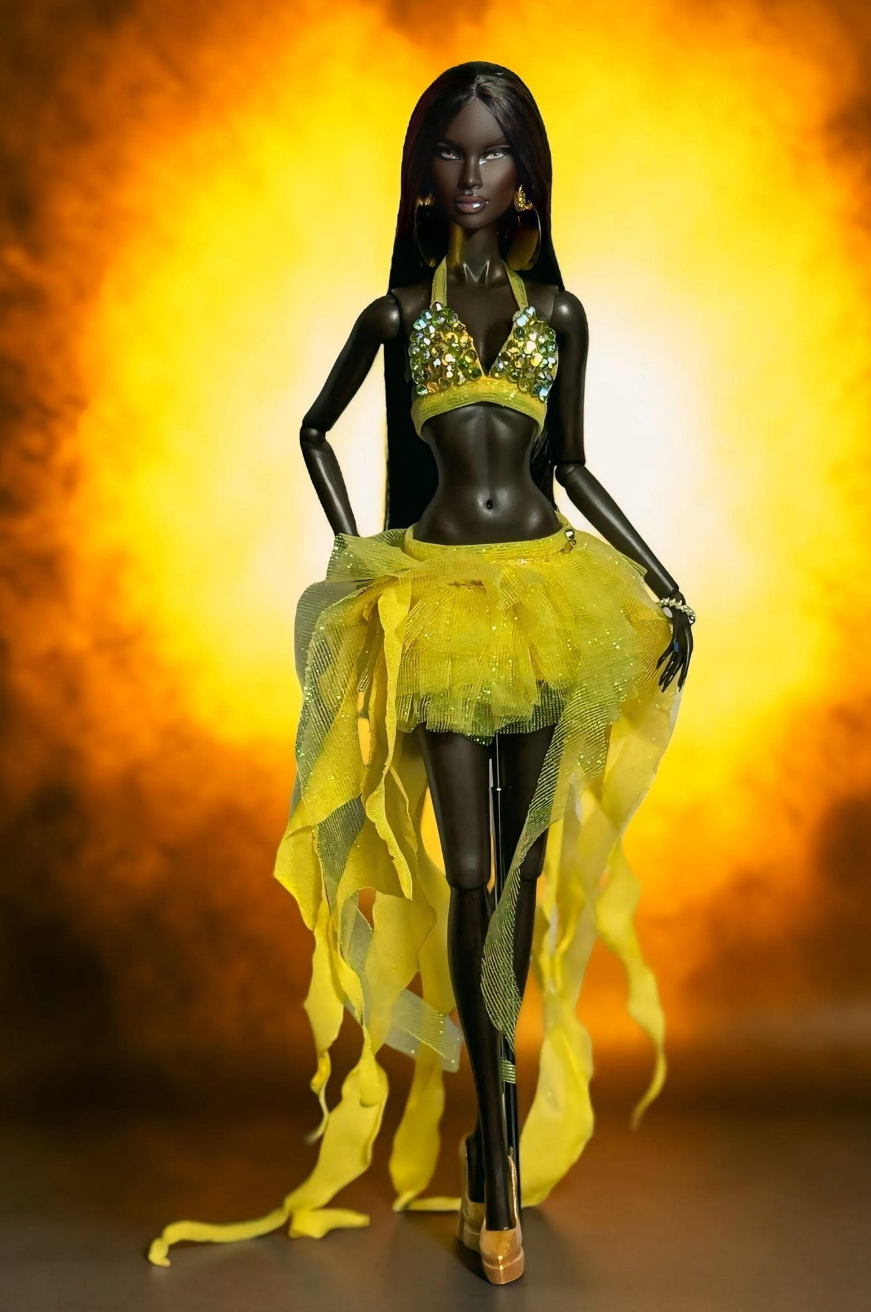 PRIDE | Yellow Joy Doll Outfit for Fashion Royalty Dolls - Yellow Sequin Bra Top and Flowing Skirt - Integrity Toys FR6.0 Nu Face Poppy Parker Fashion
