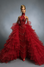 HAUTE | Red Crystal Couture Gown with Removable Ruffle Train for 1/6 Scale Fashion Dolls – Handmade Evening Dress | Plastiktiara