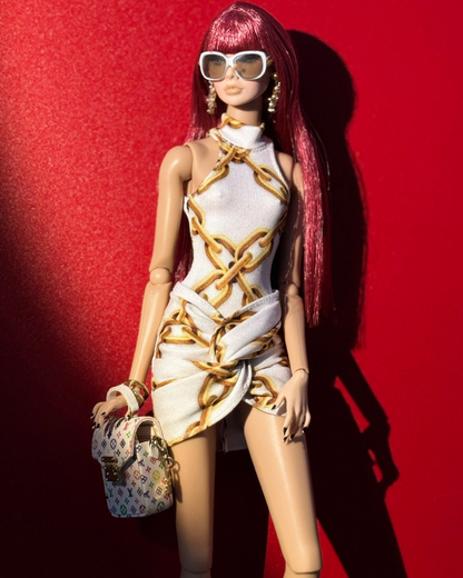 A Fashion Royalty 6.0 doll clothes - Chain graphic print halter neck top with twisted skirt