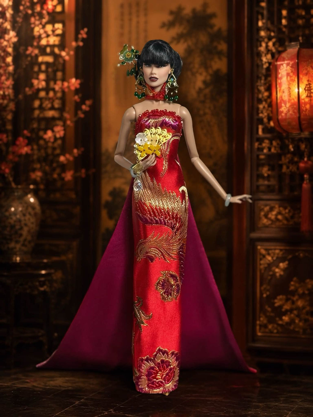 HAUTE | Phoenix Brocade Gown for 1/6 Scale Fashion Doll | Asian Inspired Doll Couture | PLASTIKTIARA
