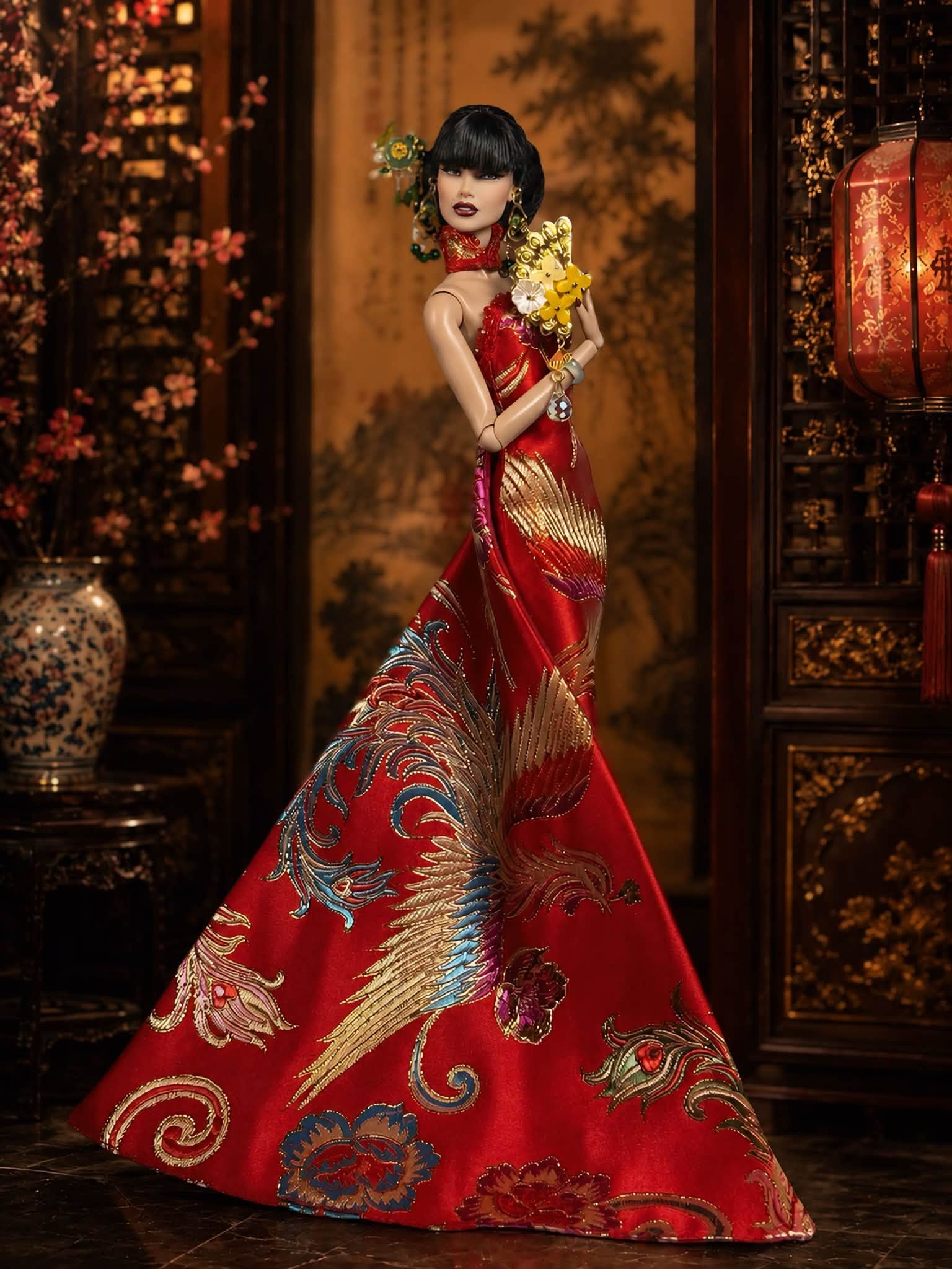 HAUTE | Phoenix Brocade Gown for 1/6 Scale Fashion Doll | Asian Inspired Doll Couture | PLASTIKTIARA
