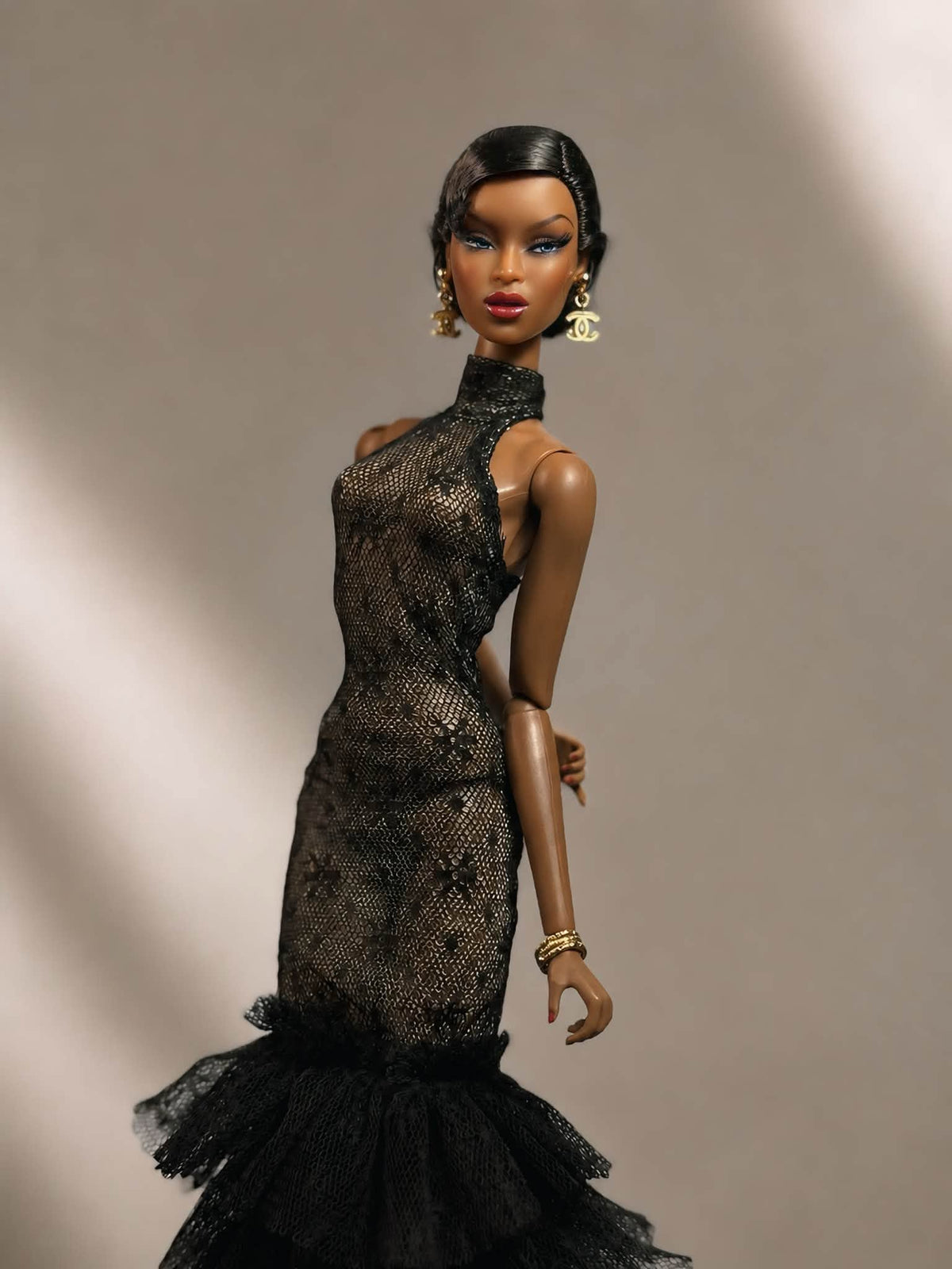 HAUTE | Black Lace Mermaid Gown for 1/6 Scale Fashion Doll | Ruffled Evening Dress | PLASTIKTIARA
