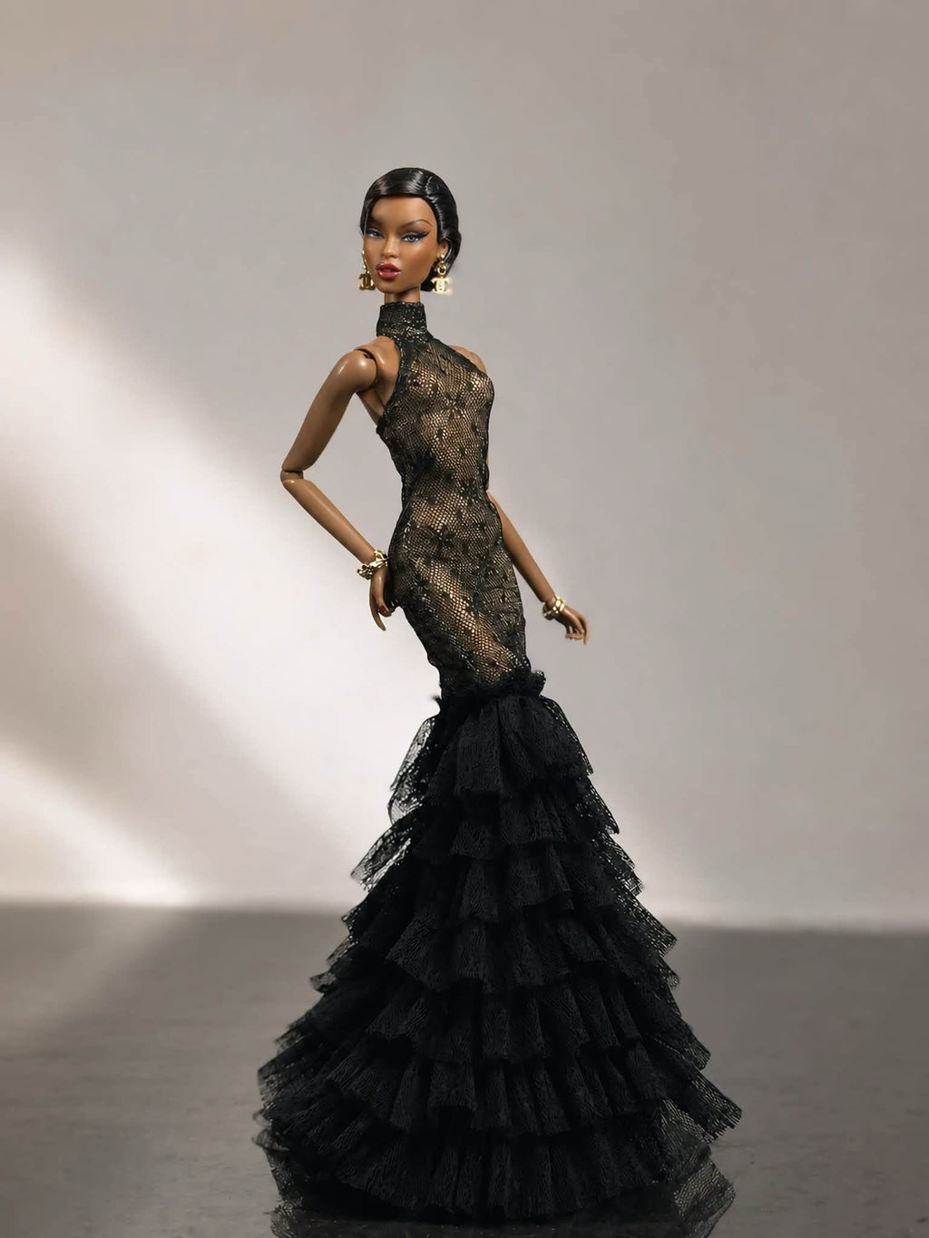 HAUTE | Black Lace Mermaid Gown for 1/6 Scale Fashion Doll | Ruffled Evening Dress | PLASTIKTIARA