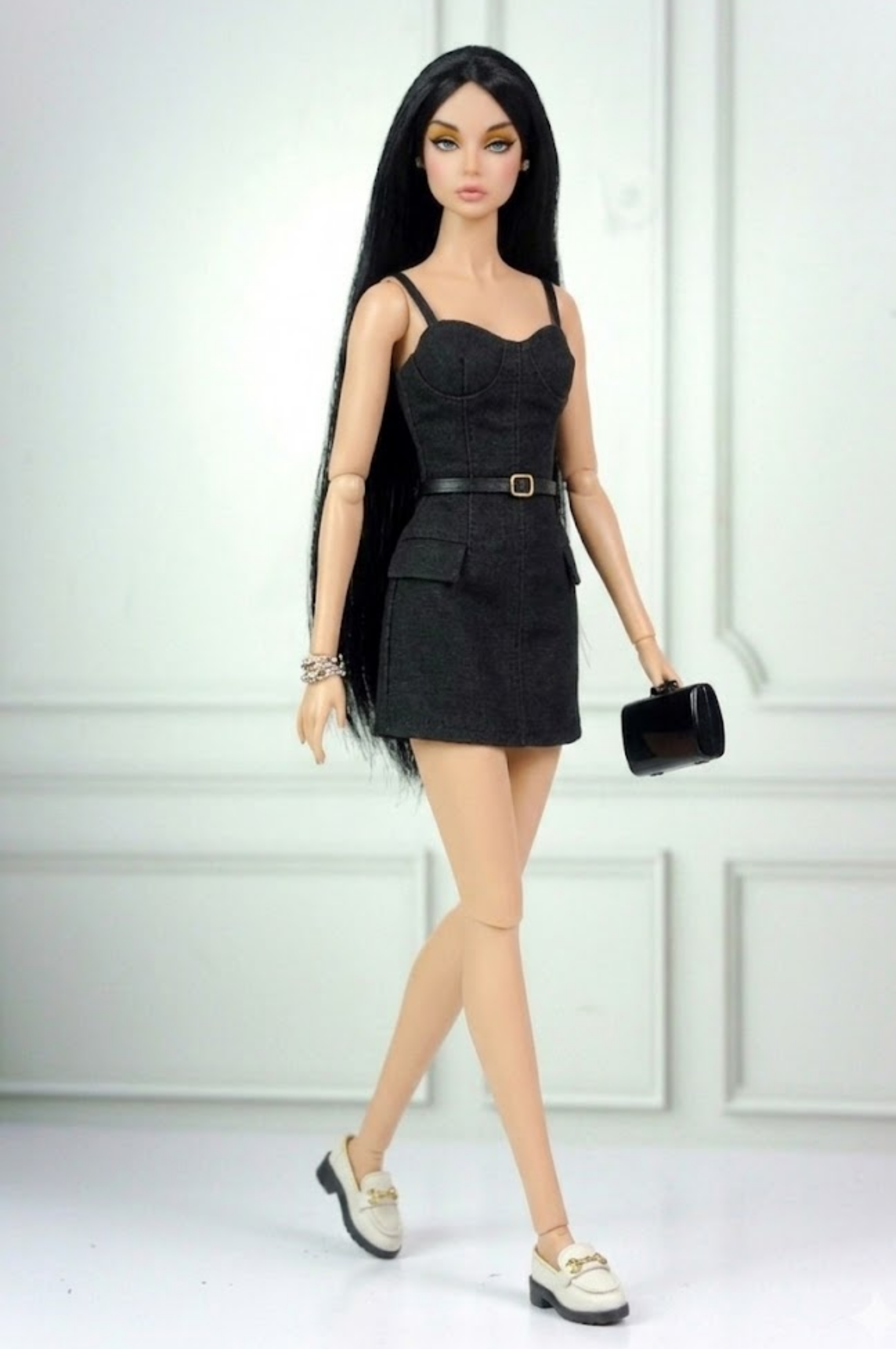 BASIC | Black Tailored Mini Dress for 12” Fashion Dolls – Chic Fitted Doll Outfit with Belt Detail