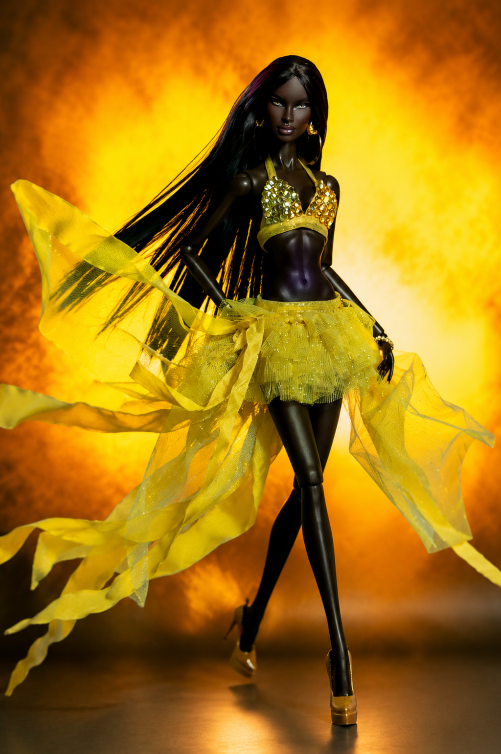 PRIDE | Yellow Joy Doll Outfit for Fashion Royalty Dolls - Yellow Sequin Bra Top and Flowing Skirt - Integrity Toys FR6.0 Nu Face Poppy Parker Fashion
