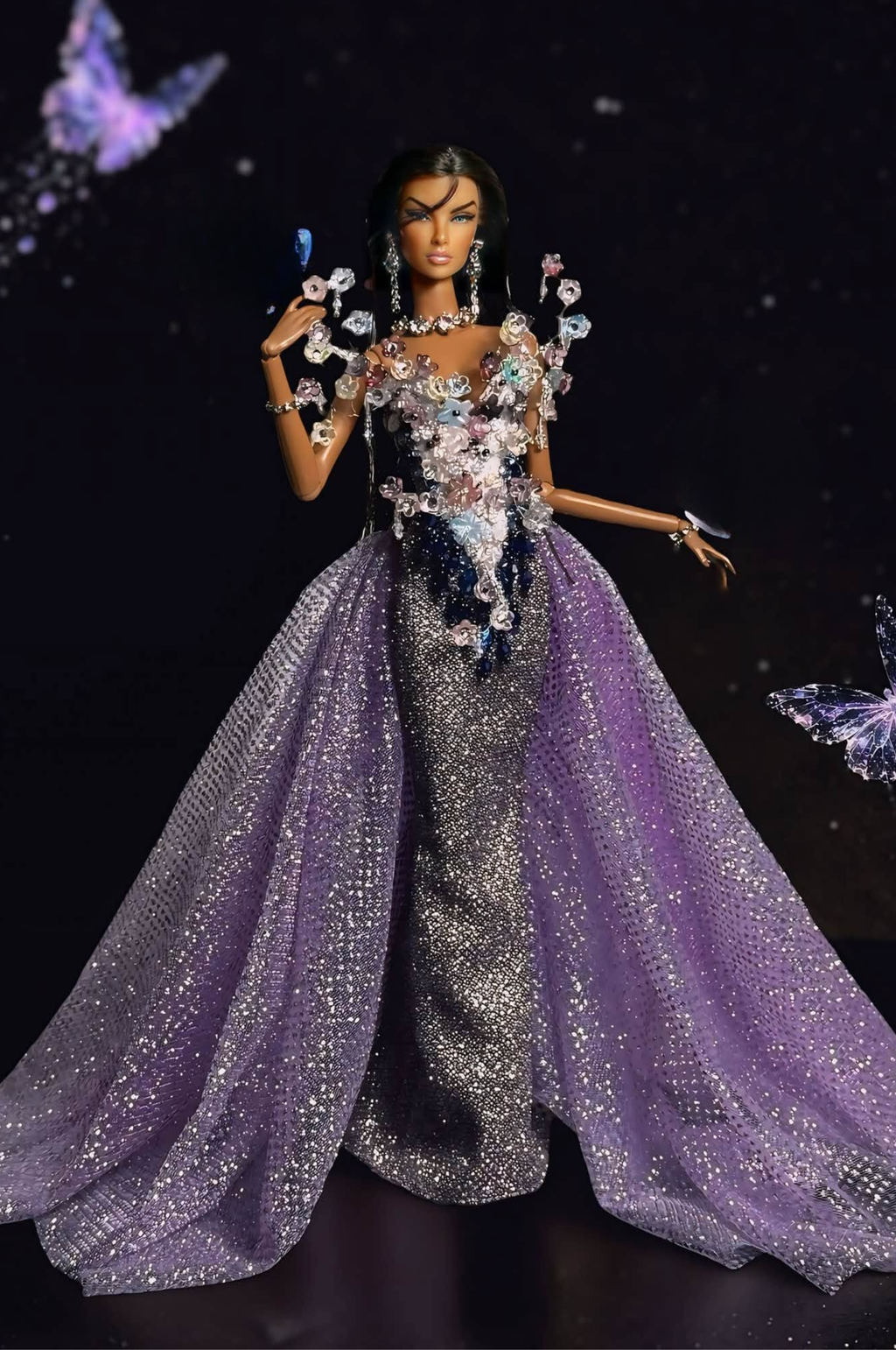OOAK  | OOAK Fashion Doll Evening Gown - Handmade Couture Purple Glitter Mermaid Dress with Crystal Floral Overlay for Fashion Royalty Doll | Plastiktiara
