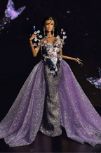 OOAK  | OOAK Fashion Doll Evening Gown - Handmade Couture Purple Glitter Mermaid Dress with Crystal Floral Overlay for Fashion Royalty Doll | Plastiktiara