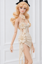 BLOOSOM RADIANT | Ivory Floral Cascade Satin Mini Dress for Fashion Royalty doll clothes | PLASTIKTIARA