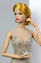 HAUTE | Golden Illusion Beaded Gown for Fashion Royalty 6.0 Doll | Sheer Evening Dress with High Slit | Handmade Couture Doll Clothes by Plastiktiara