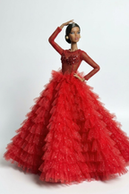 HAUTE | Red Couture Ruffle Ball Gown for Fashion Royalty Doll – Glitter Tulle Evening Dress for 1/6 Scale doll & Integrity Toys Dolls