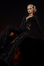 HAUTE | Black Inferno Jumpsuit with Fur Cape for Fashion Royalty Dolls 12 Inch - Handmade Doll Clothes - Integrity Toys FR6.0 - OOAK High Fashion Editorial Outfit