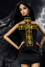 BASIC | A 1/6 Scale Gothic Cross Mini Dress for Fashion Dolls – Handmade Black Couture Dress with Embroidered Gold Cross – Fits Integrity Style Dolls | Plastiktiara