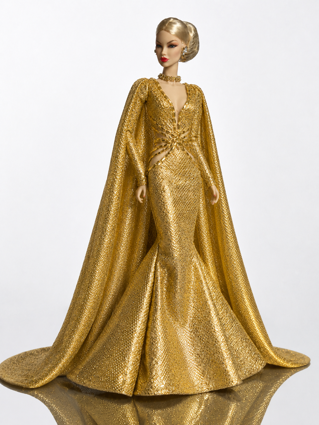 HAUTE | Gold Mermaid Gown for 1/6 Fashion Dolls - Luxury Evening Dress with Dramatic Cape | Plastiktiara