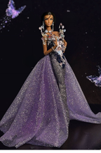 OOAK  | OOAK Fashion Doll Evening Gown - Handmade Couture Purple Glitter Mermaid Dress with Crystal Floral Overlay for Fashion Royalty Doll | Plastiktiara
