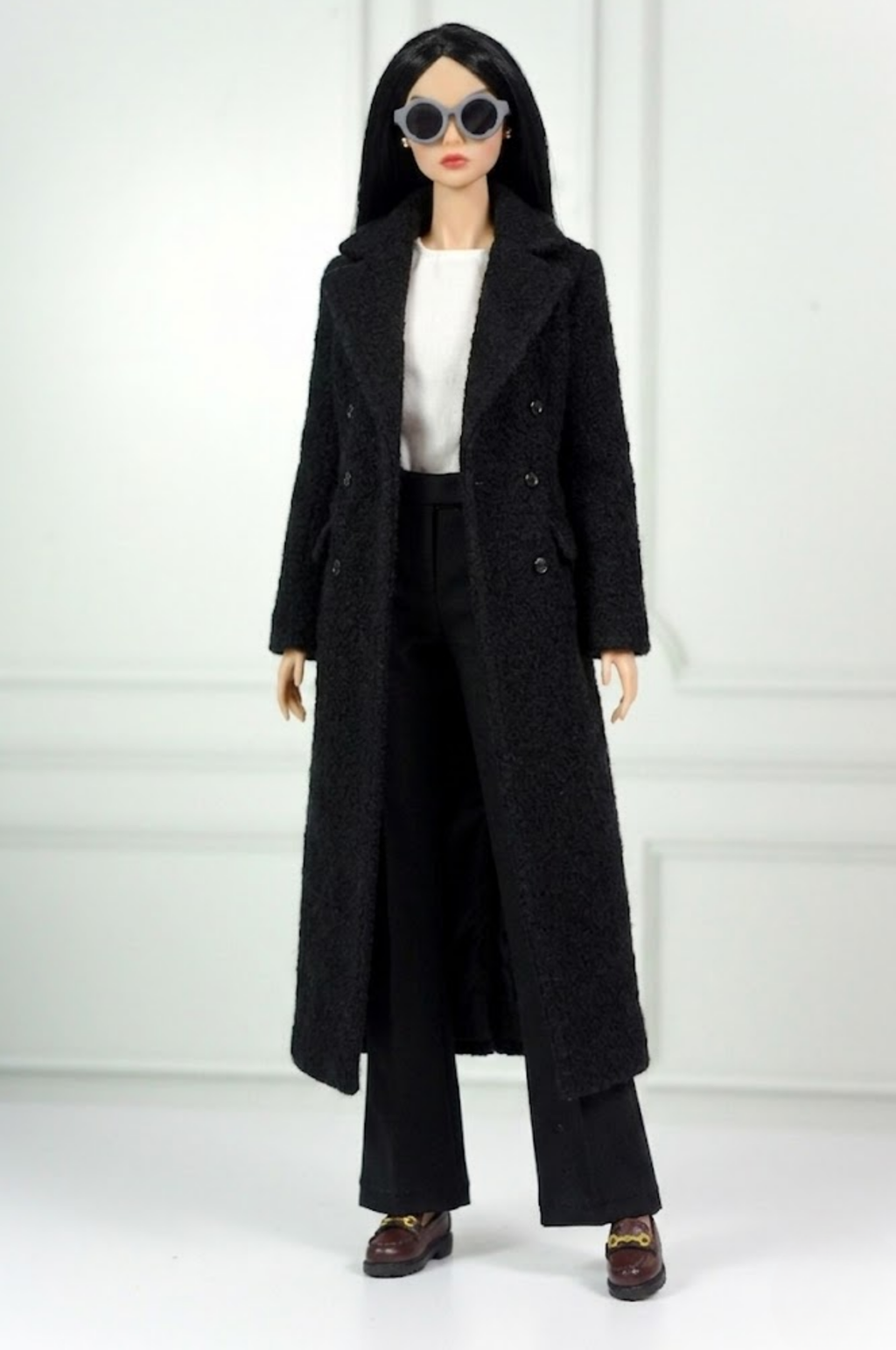 BASIC| Black Bouclé Long Coat Outfit Set for 12” Fashion Dolls – Minimalist Chic Doll Clothes with Tailored Pants & Tee