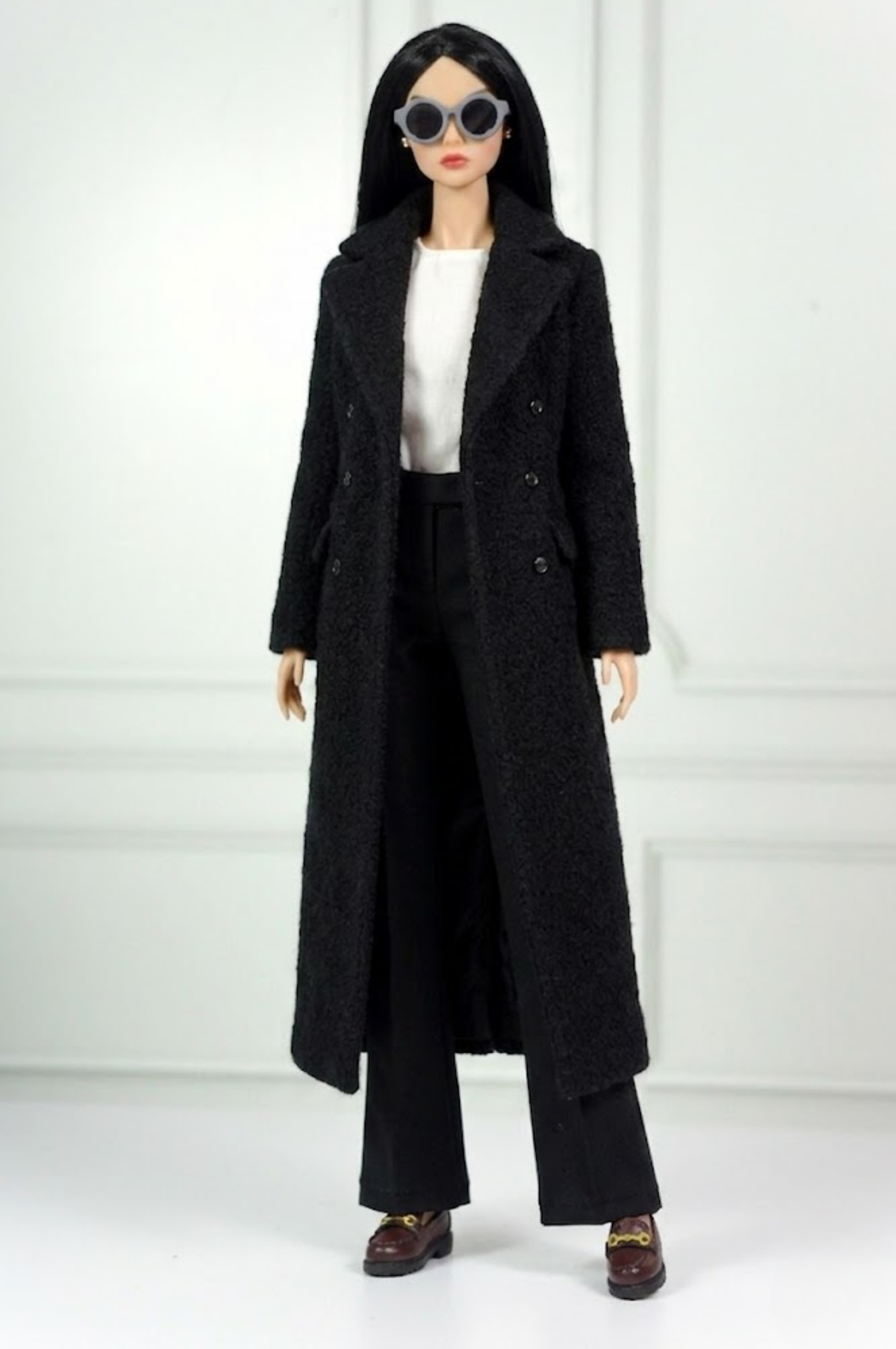 BASIC| Black Bouclé Long Coat Outfit Set for 12” Fashion Dolls – Minimalist Chic Doll Clothes with Tailored Pants & Tee