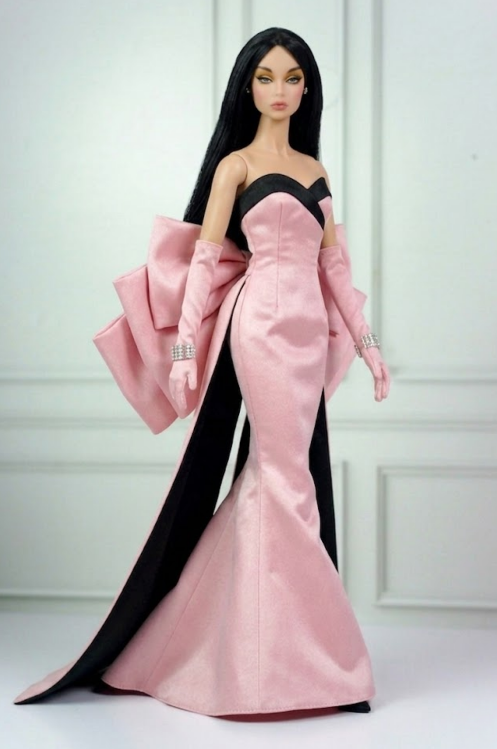 HAUTE |. Fashion Royalty Doll Pink Satin Mermaid Gown with Oversized Bow Train | 12 Inch Doll Couture Dress