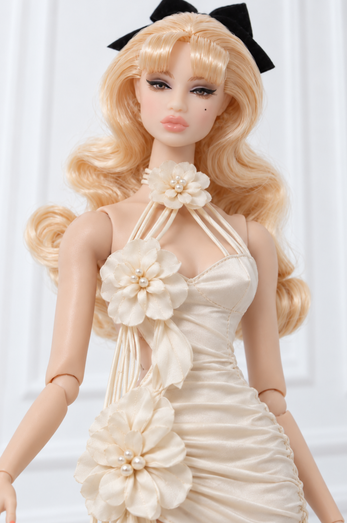 BLOOSOM RADIANT | Ivory Floral Cascade Satin Mini Dress for Fashion Royalty doll clothes | PLASTIKTIARA