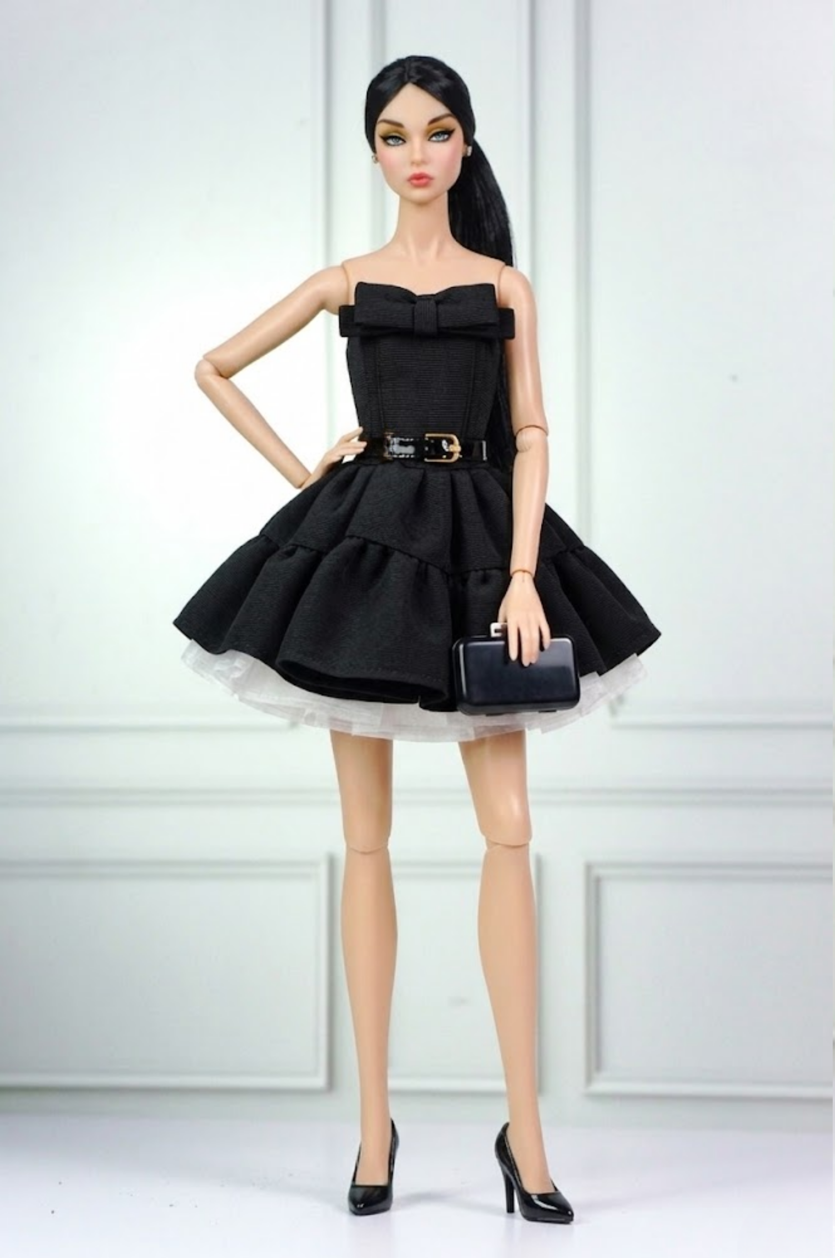 BASIC | Black Bow Cocktail Dress for 12” Fashion Dolls – Elegant Layered Mini Dress with Belt & Tulle Underskirt