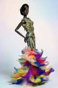 HAUTE | Rainbow Feather Couture Gown for Fashion Royalty 12” Doll – Hand-Beaded Statement Dress – OOAK Luxury Doll Clothes