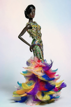 HAUTE | Rainbow Feather Couture Gown for Fashion Royalty 12” Doll – Hand-Beaded Statement Dress – OOAK Luxury Doll Clothes