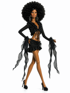 BASIC | Black Ruffle Tie Front Crop Top & Ruched Mini Skirt Set for 1/6 Scale Fashion Dolls | Handmade Couture | Plastiktiara