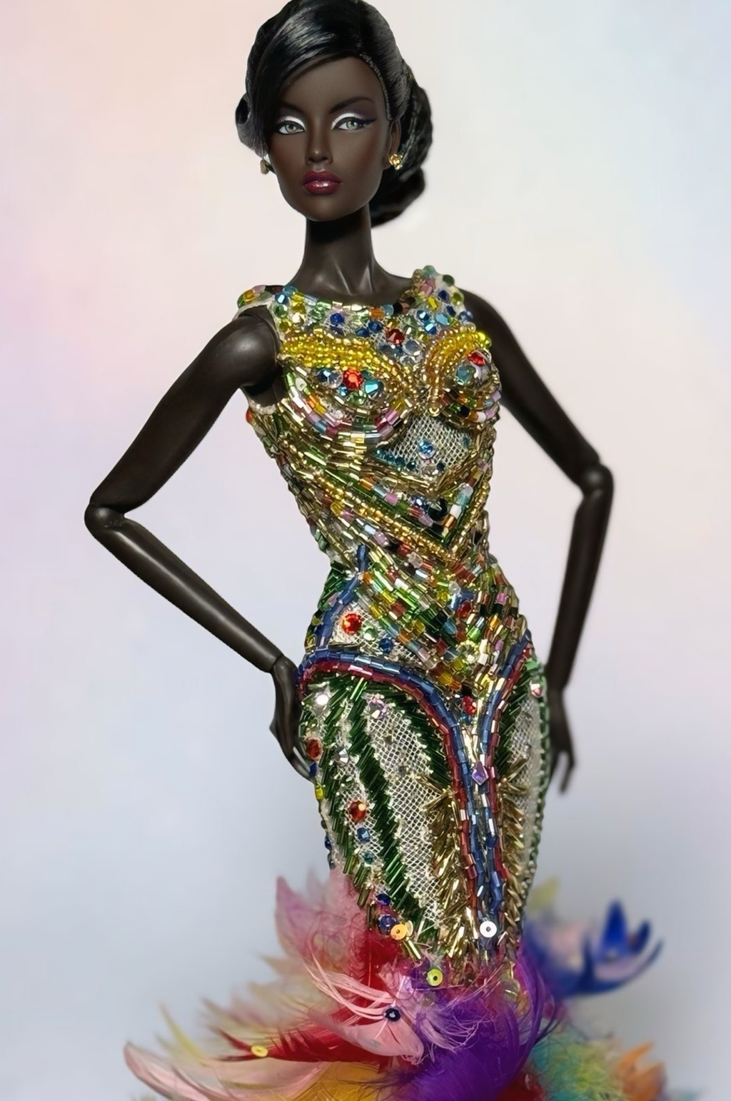 HAUTE | Rainbow Feather Couture Gown for Fashion Royalty 12” Doll – Hand-Beaded Statement Dress – OOAK Luxury Doll Clothes