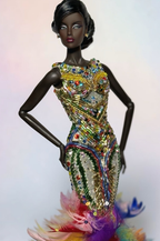 HAUTE | Rainbow Feather Couture Gown for Fashion Royalty 12” Doll – Hand-Beaded Statement Dress – OOAK Luxury Doll Clothes