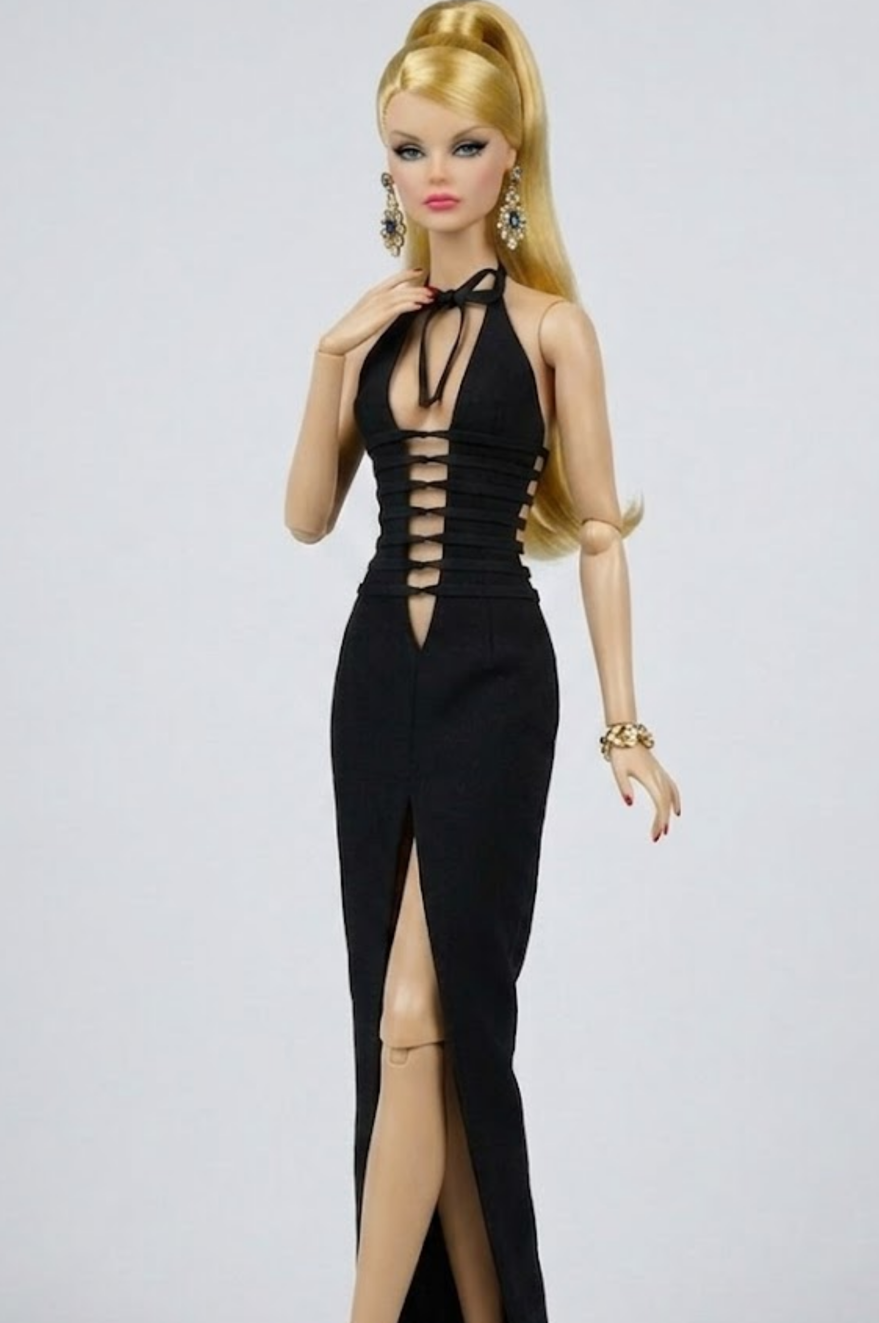 STYLISH WIDOW | Black Cut-Out Halter Gown for Fashion Royalty 6.0 Doll – Sexy Evening Dress, High Slit, Statement Doll Clothes by Plastik Tiara