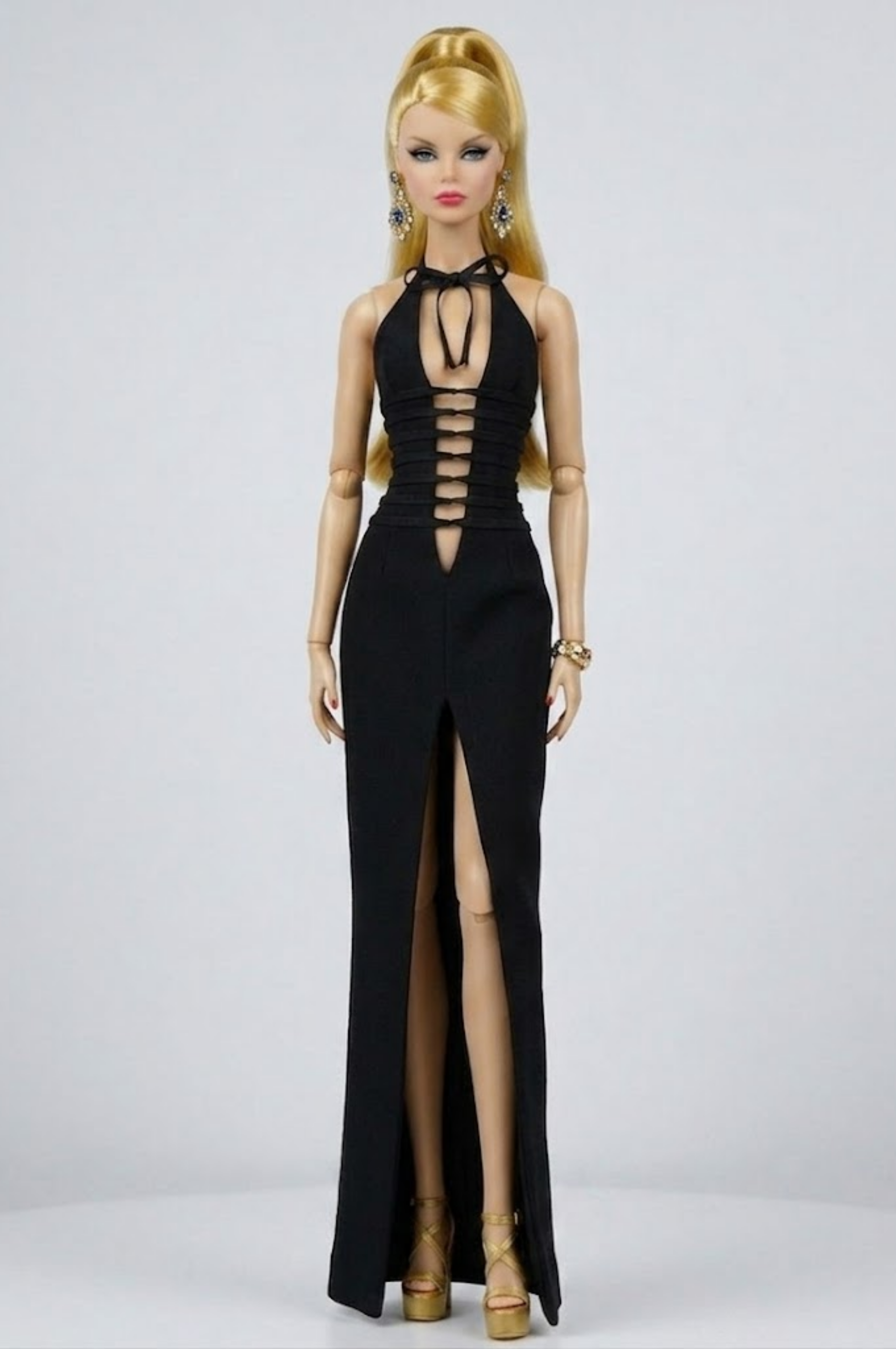 STYLISH WIDOW | Black Cut-Out Halter Gown for Fashion Royalty 6.0 Doll – Sexy Evening Dress, High Slit, Statement Doll Clothes by Plastik Tiara