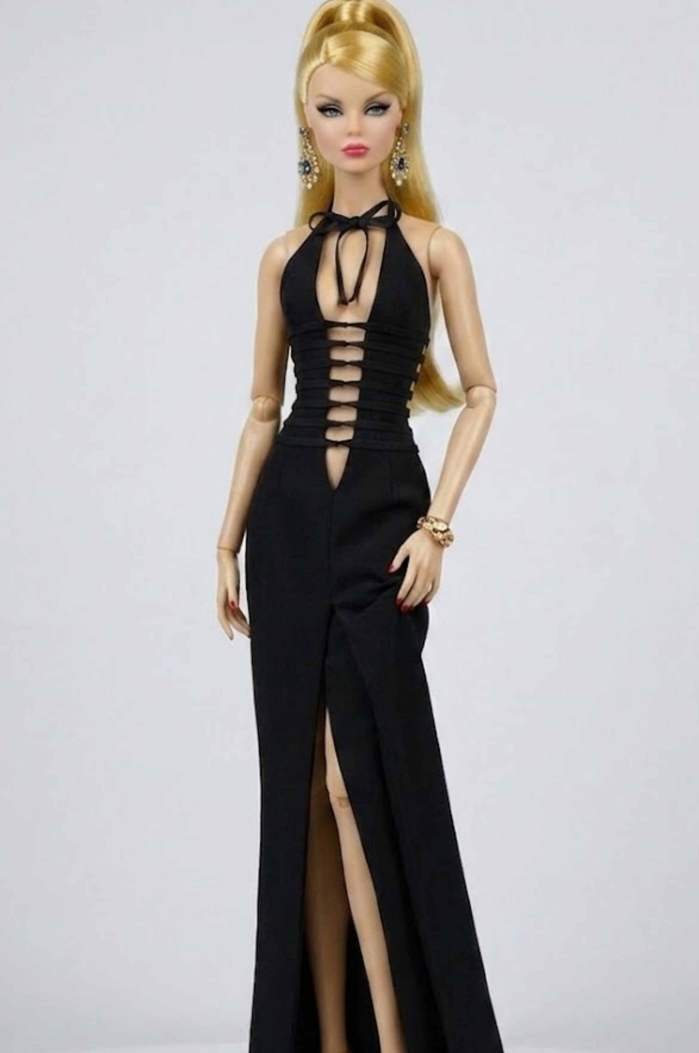 STYLISH WIDOW | Black Cut-Out Halter Gown for Fashion Royalty 6.0 Doll – Sexy Evening Dress, High Slit, Statement Doll Clothes by Plastik Tiara